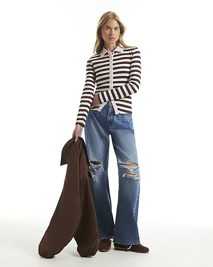 Brown Stipe Ribbed Popper Polo Top