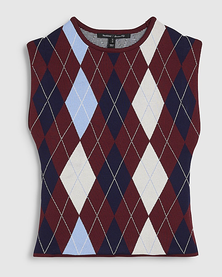 Burgundy Argyle Knit Tank Top