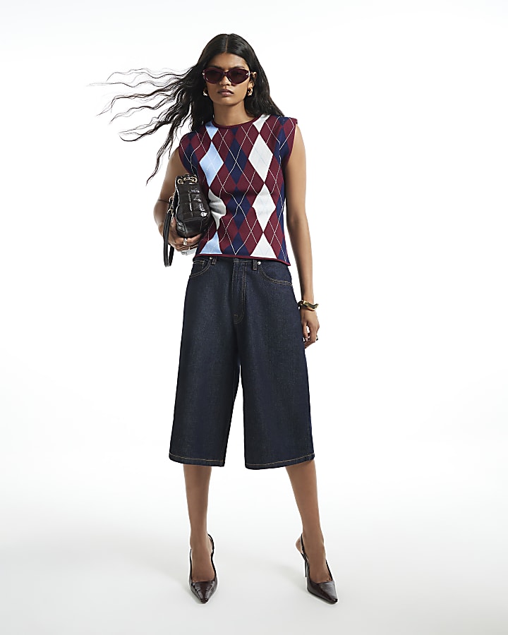 Burgundy Argyle Knit Tank Top