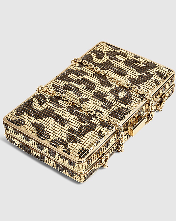Gold Leopard Print Chainmail Hard Clutch Bag
