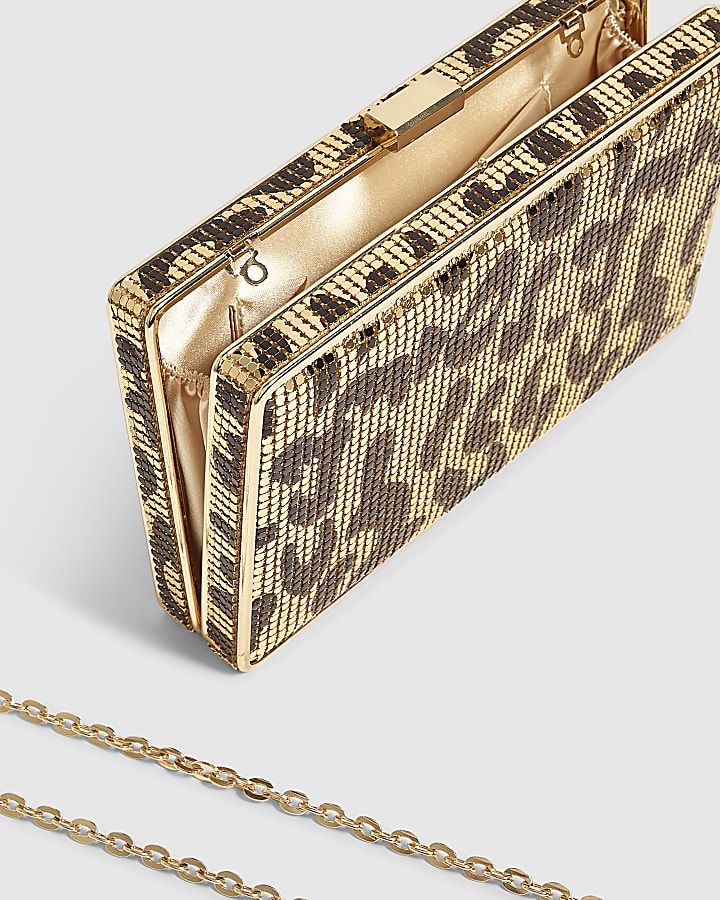 Gold Leopard Print Chainmail Hard Clutch Bag