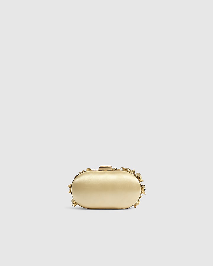 Gold 3D Floral Embellished Hard Clutch Bag