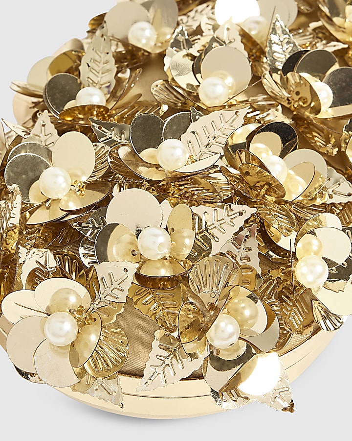Gold 3D Floral Embellished Hard Clutch Bag