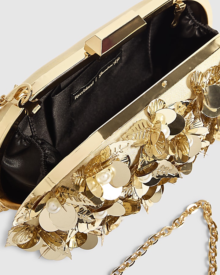 Gold 3D Floral Embellished Hard Clutch Bag