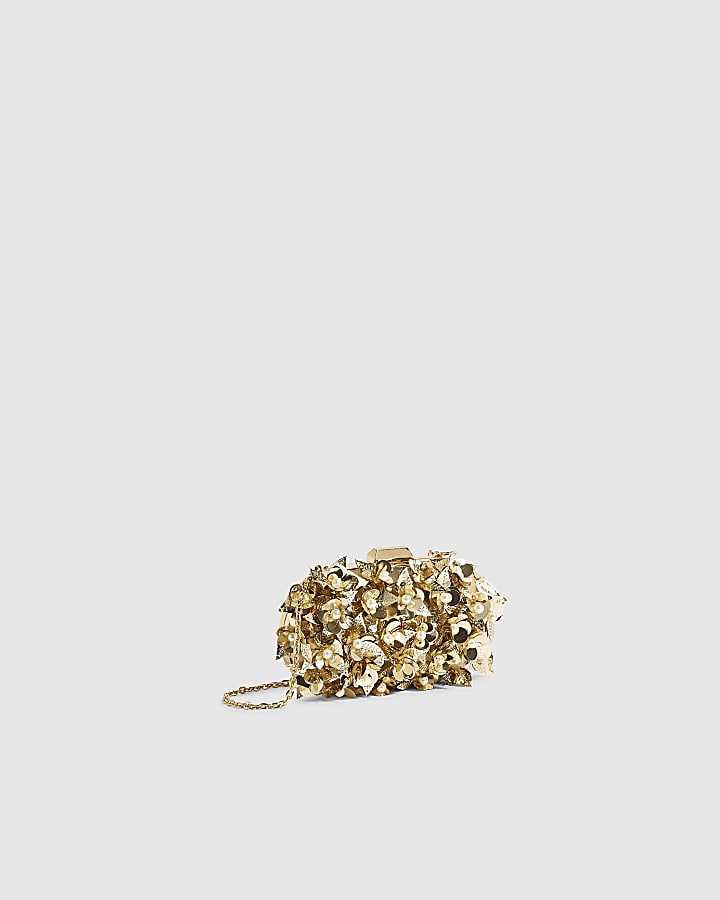 Gold 3D Floral Embellished Hard Clutch Bag