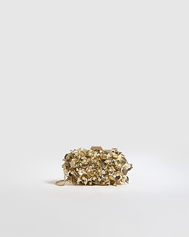 Gold 3D Floral Embellished Hard Clutch Bag