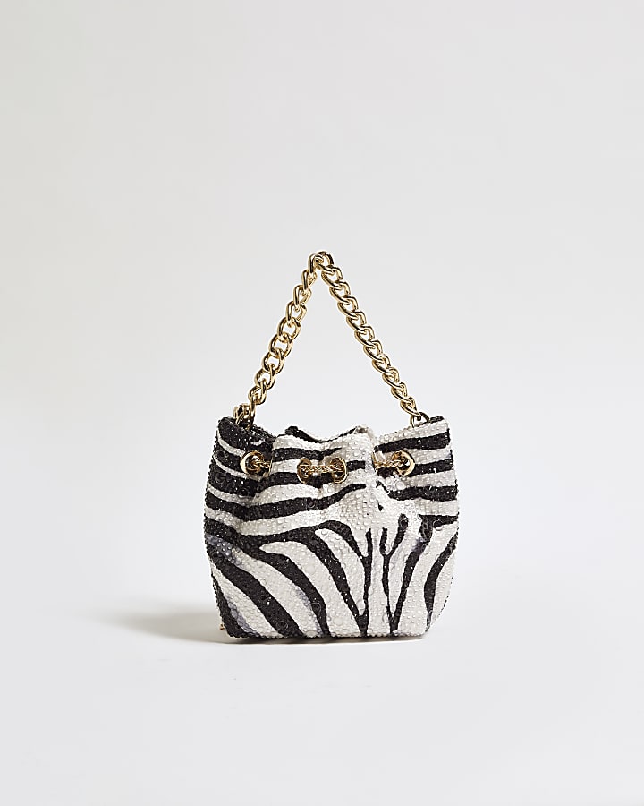 Black Satin Zebra Print Diamante Droplet Bag