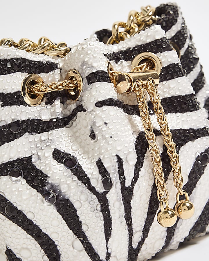 Black Satin Zebra Print Diamante Droplet Bag