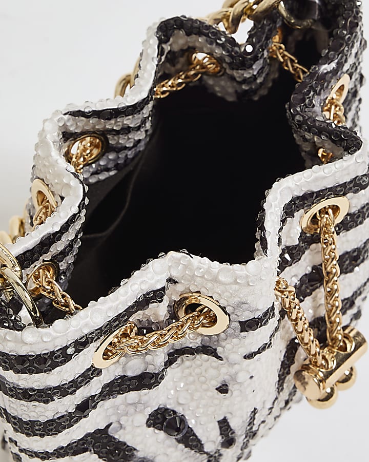 Black Satin Zebra Print Diamante Droplet Bag