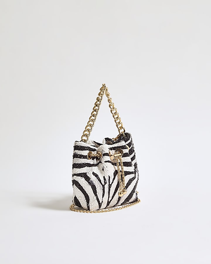 Black Satin Zebra Print Diamante Droplet Bag