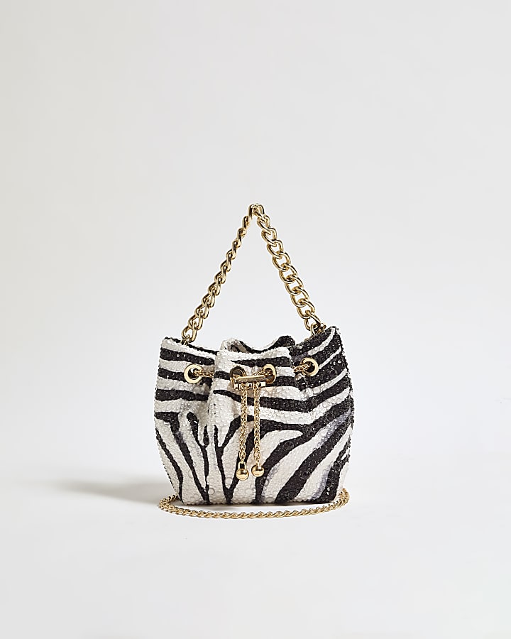 Black Satin Zebra Print Diamante Droplet Bag