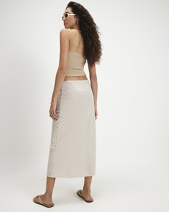 Cream Asymmetric Stripe Midi Skirt