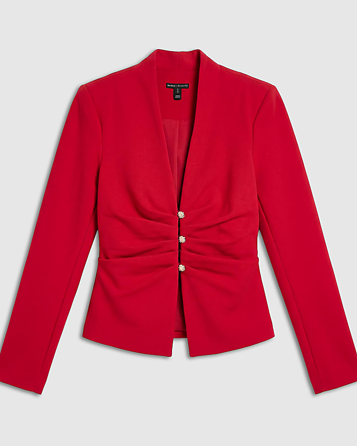 Red Ruched Gold Button Top