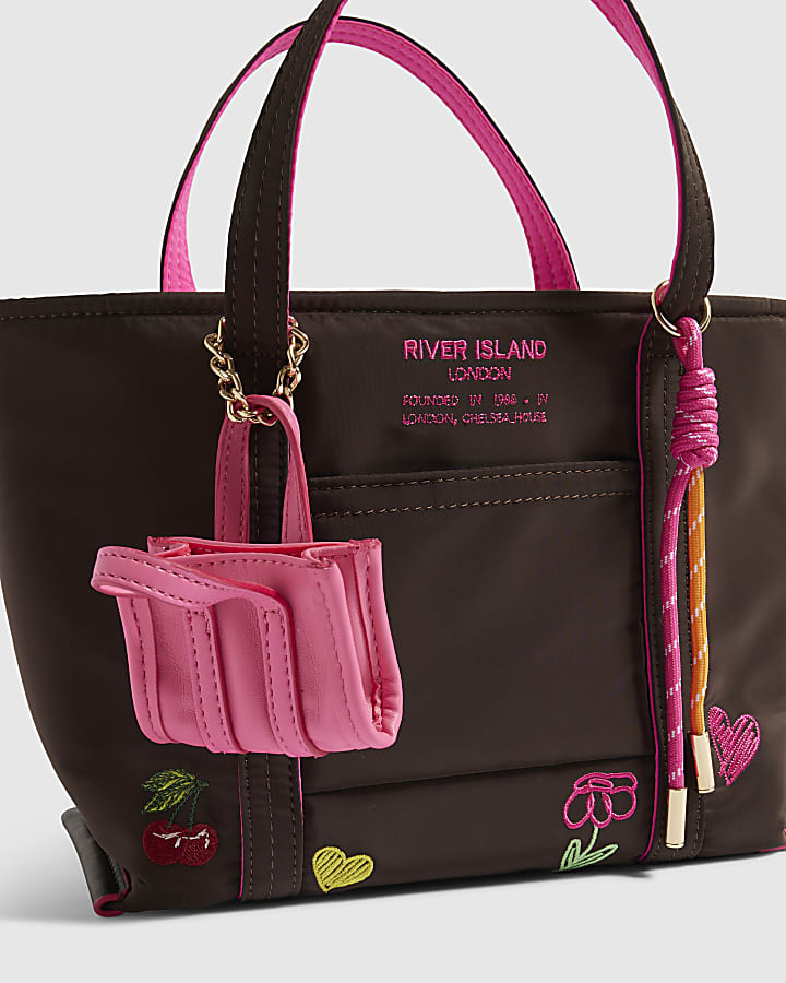 Brown Heart Embroidered Crossbody Tote Bag