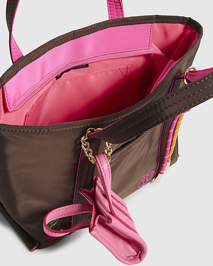 Brown Heart Embroidered Crossbody Tote Bag