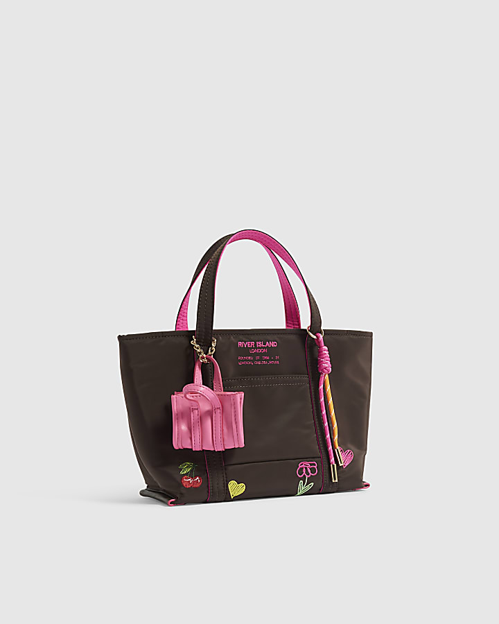 Brown Heart Embroidered Crossbody Tote Bag