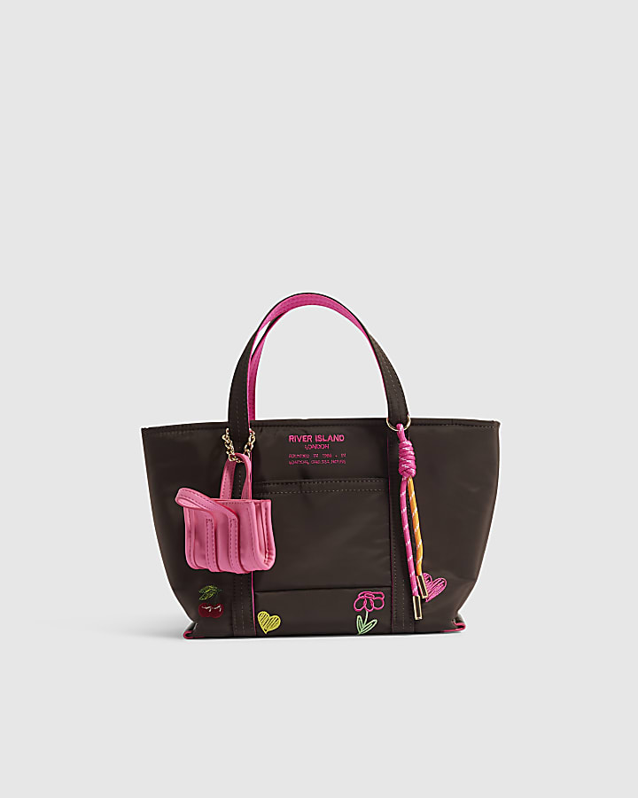 Brown Heart Embroidered Crossbody Tote Bag