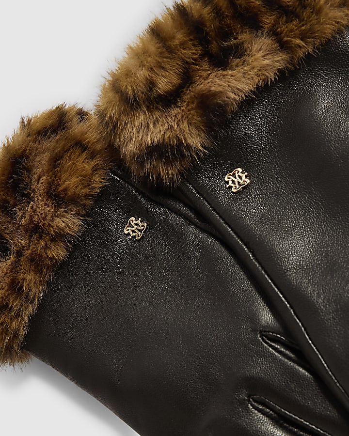 Black Leather Leopard Faux Fur Trim Gloves