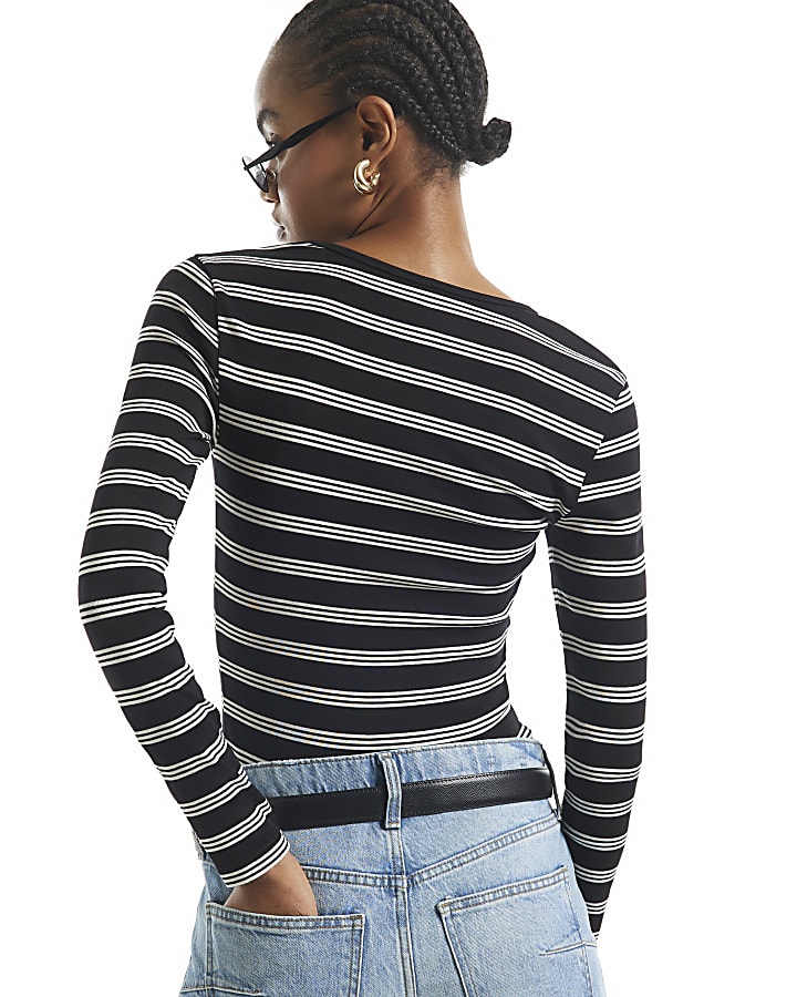 Black Stripe Long Sleeve V Neck Top