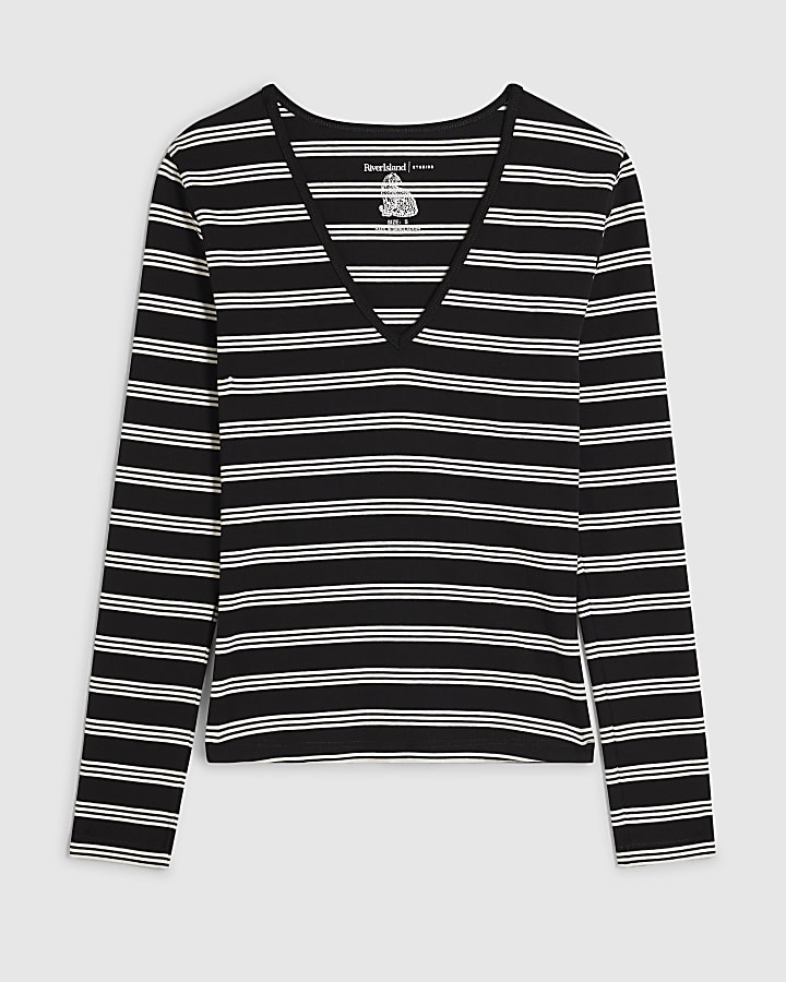 Black Stripe Long Sleeve V Neck Top