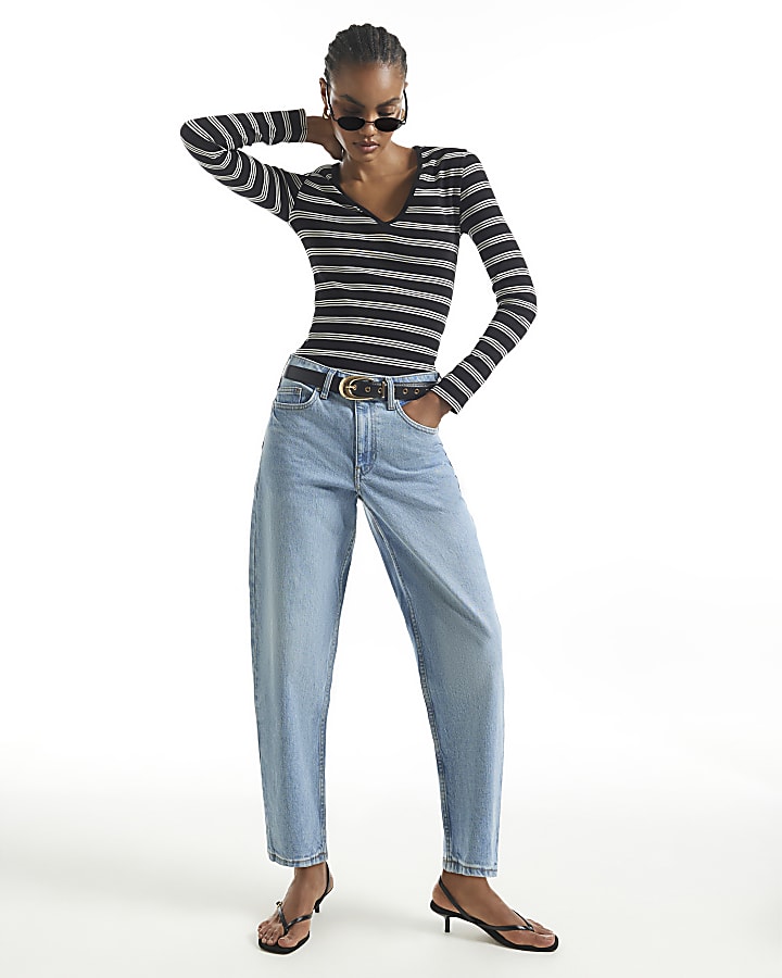 Black Stripe Long Sleeve V Neck Top
