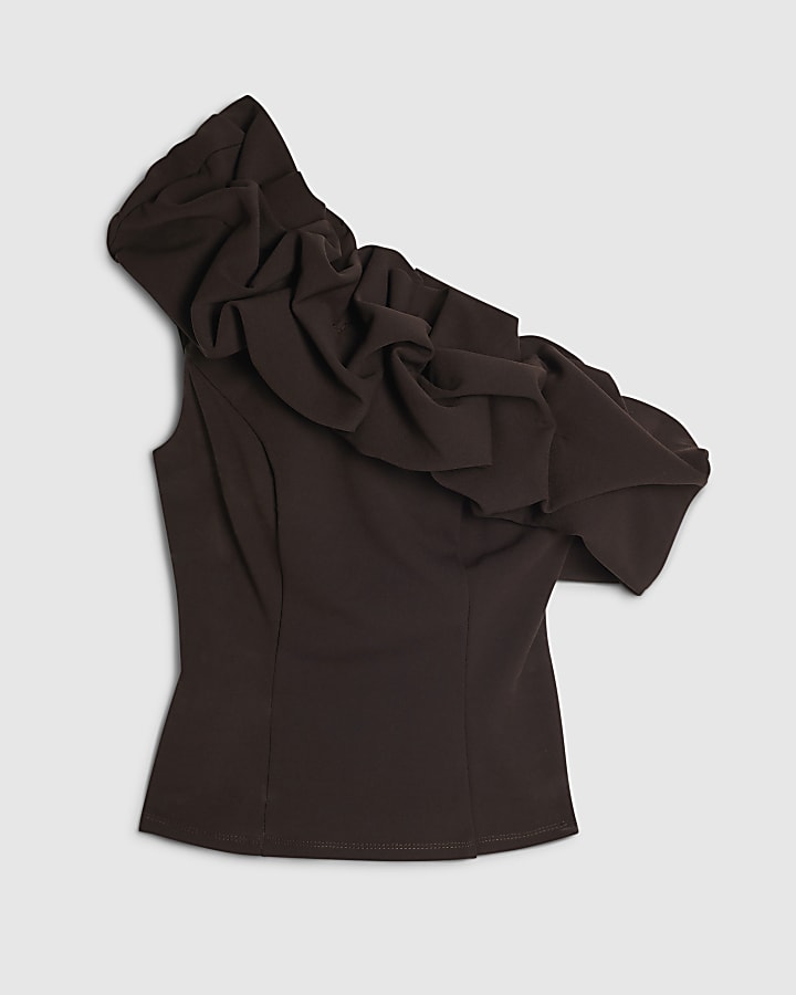 Brown Ruffled One Shoulder Top