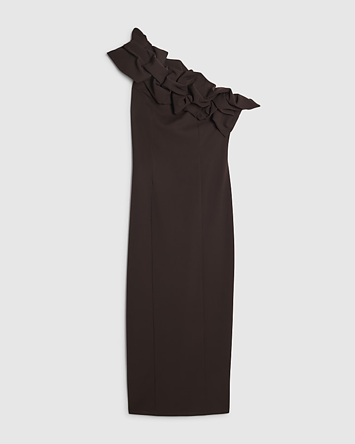 Brown Ruffled One Shoulder Maxi Dress