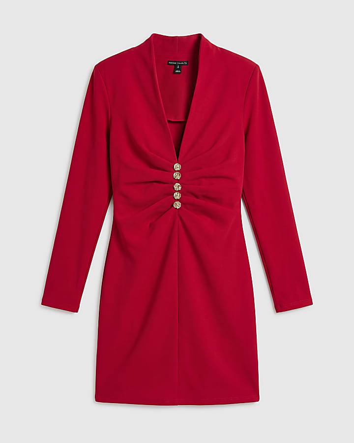 Red Ruched Button Long Sleeve Blazer Dress
