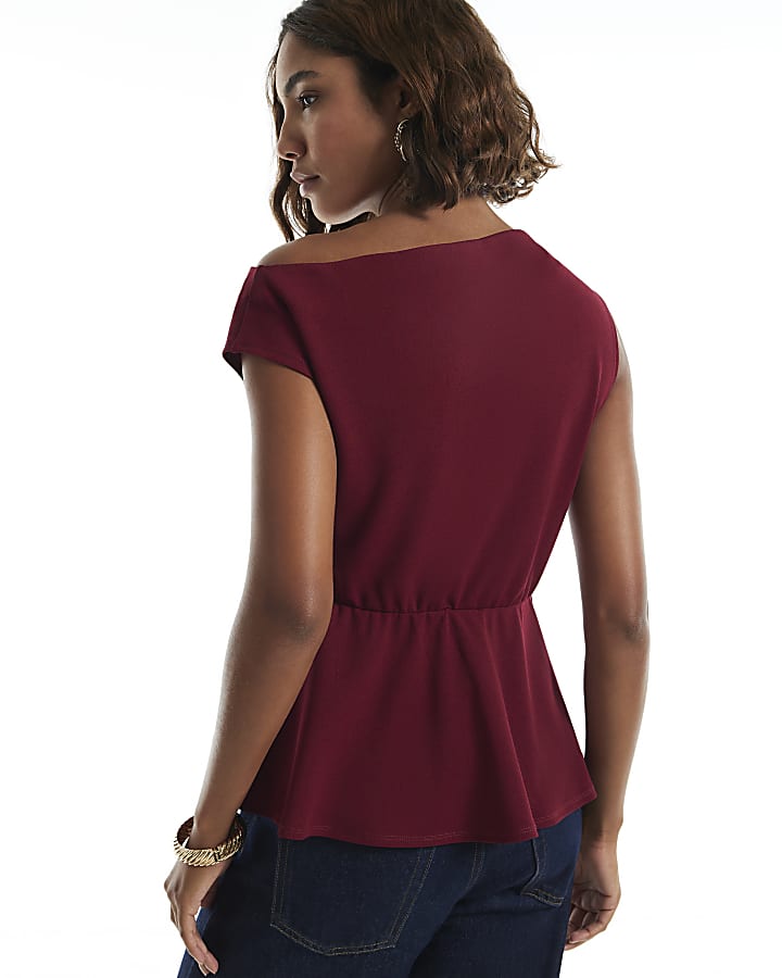 Burgundy One Shoulder Buckle Detail Top