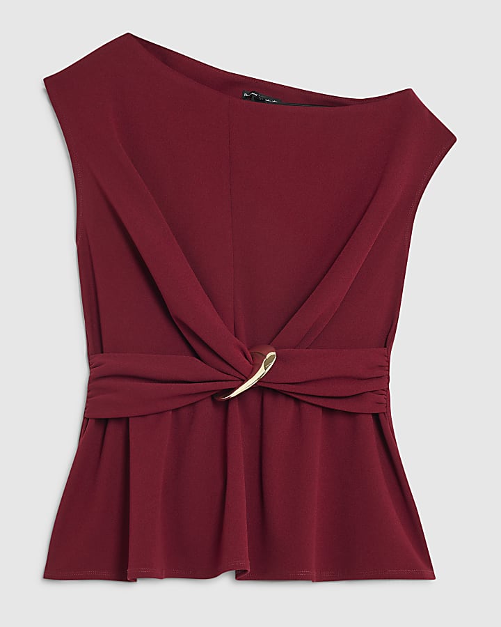 Burgundy One Shoulder Buckle Detail Top