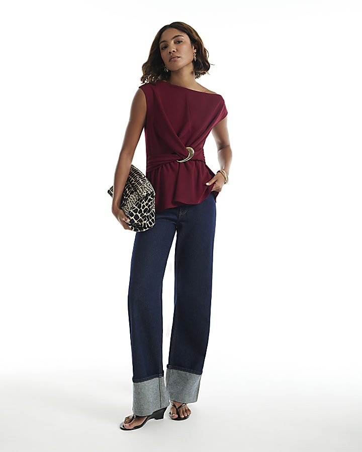 Burgundy One Shoulder Buckle Detail Top
