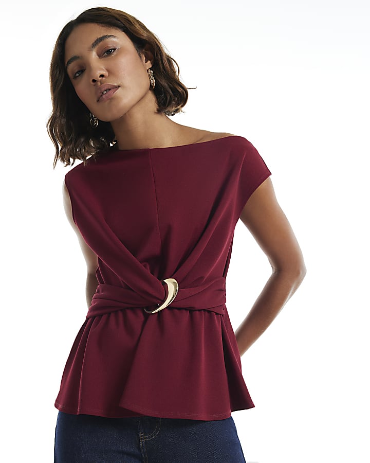 Burgundy One Shoulder Buckle Detail Top
