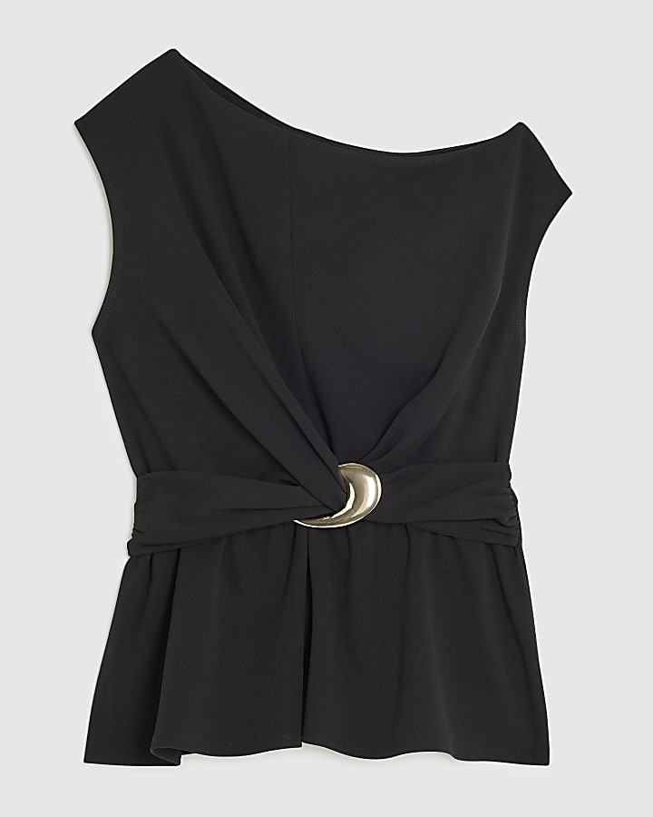 Black One Shoulder Buckle Detail Top