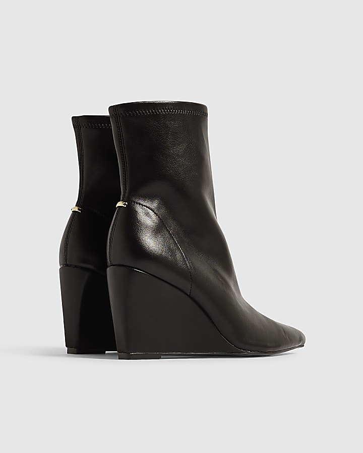 Black Faux Leather Stretch Wedge Ankle Boots