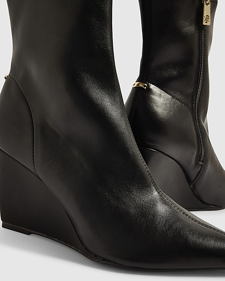 Black Faux Leather Stretch Wedge Ankle Boots