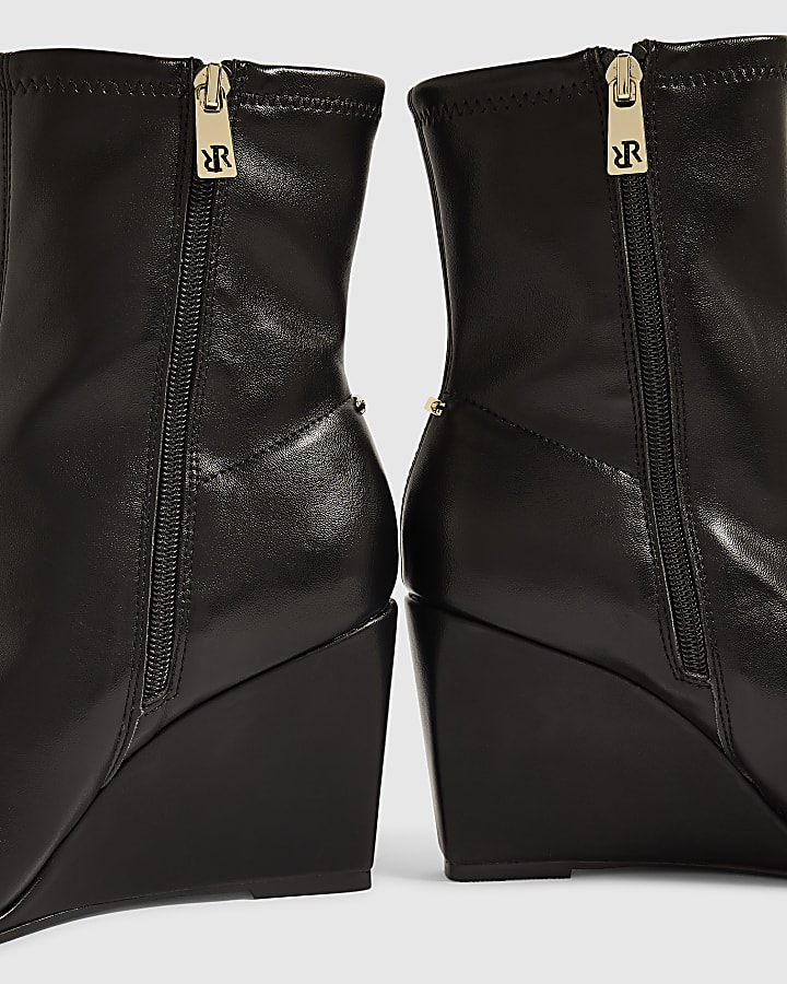 Black Faux Leather Stretch Wedge Ankle Boots