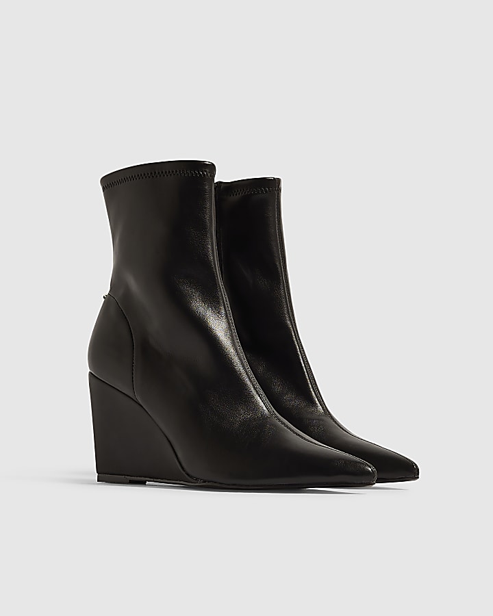 Black Faux Leather Stretch Wedge Ankle Boots