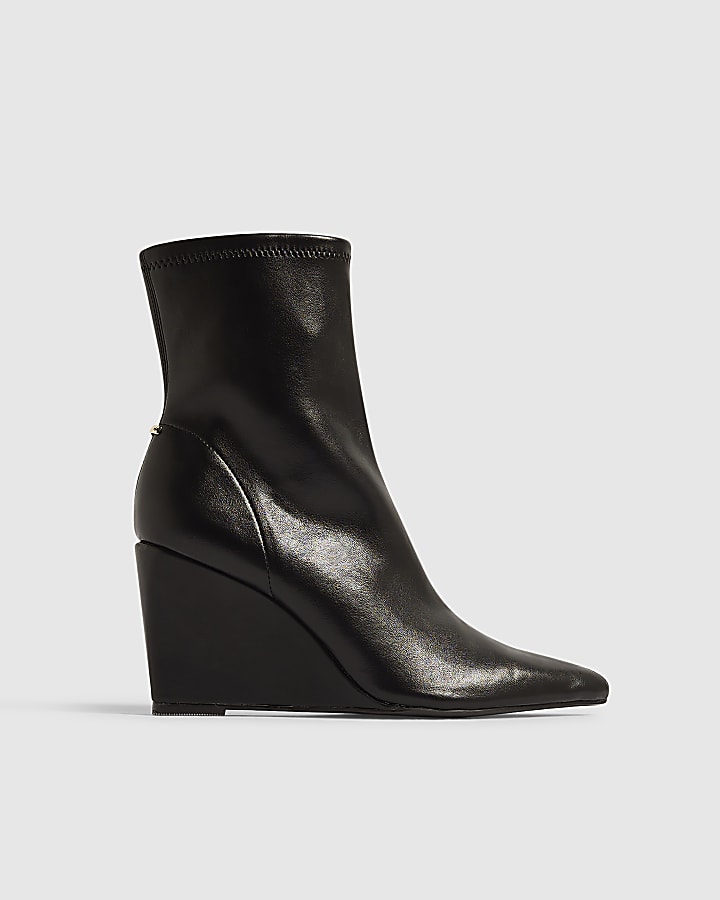 Black Faux Leather Stretch Wedge Ankle Boots
