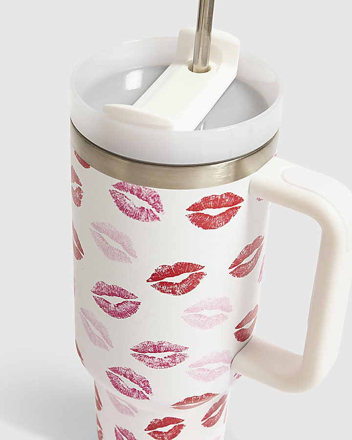 Pink Lips Print Cup With Straw