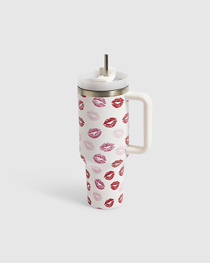 Pink Lips Print Cup With Straw