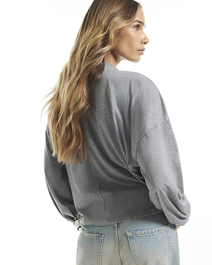 Grey Frill Popper Long Sleeve Top