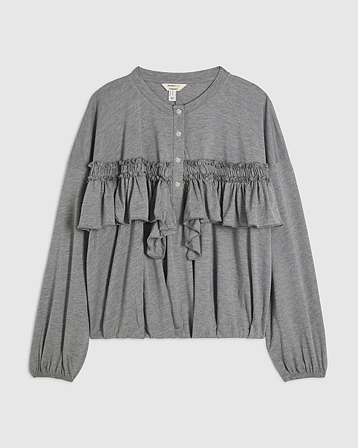 Grey Frill Popper Long Sleeve Top