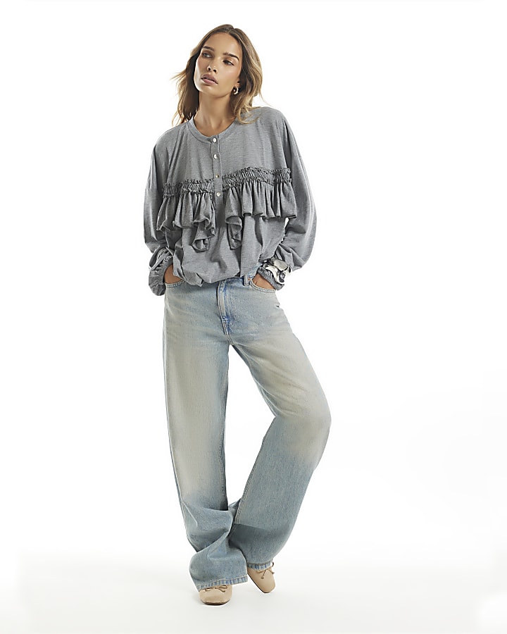 Grey Frill Popper Long Sleeve Top