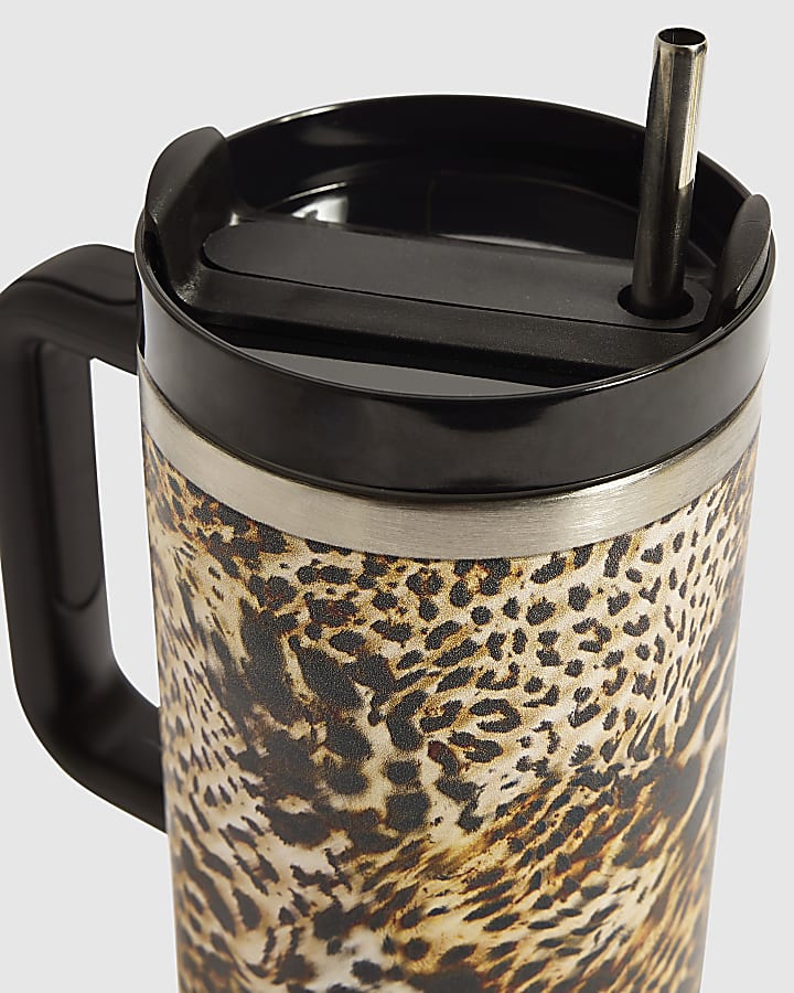 Black Leopard Print Cup With Straw