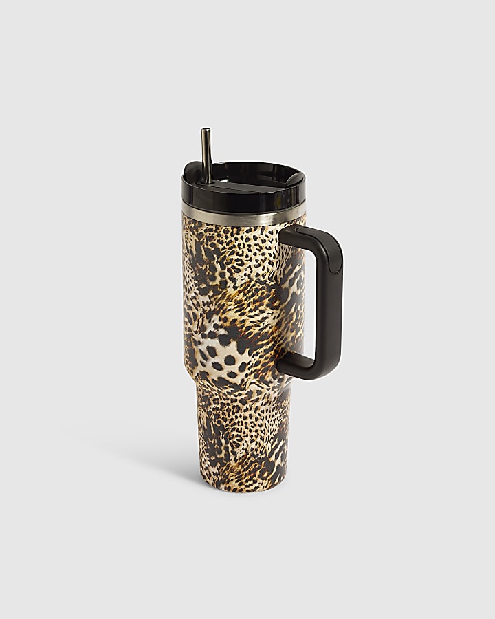 Black Leopard Print Cup With Straw