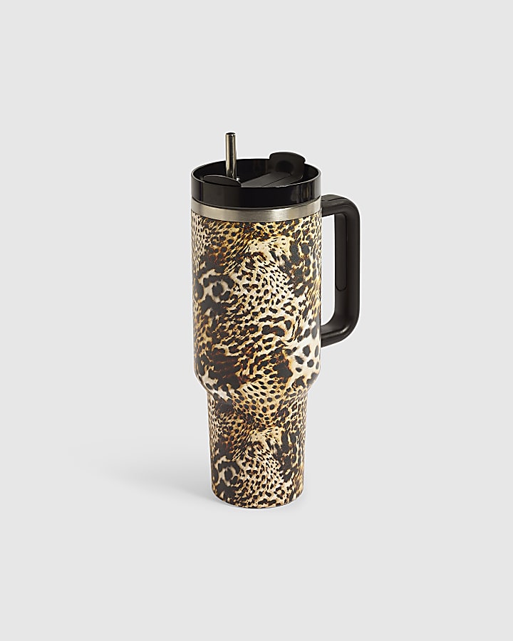 Black Leopard Print Cup With Straw