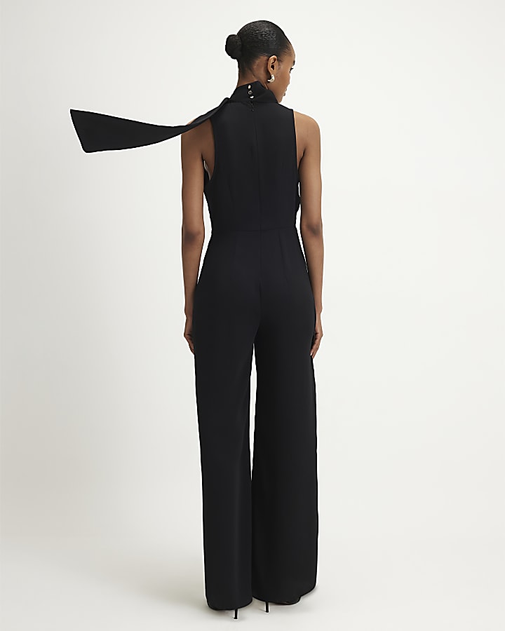Black Belted Neck Scarf Jumpsuit