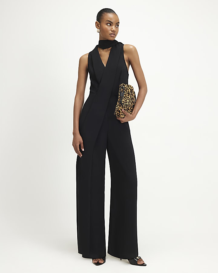 Black Belted Neck Scarf Jumpsuit
