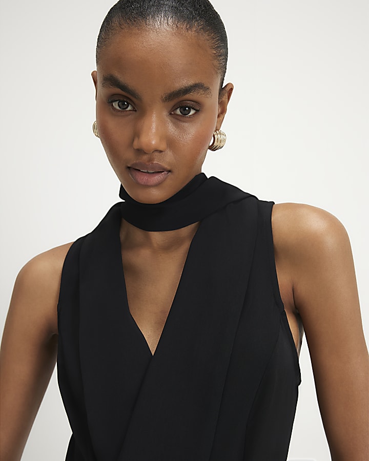 Black Belted Neck Scarf Jumpsuit