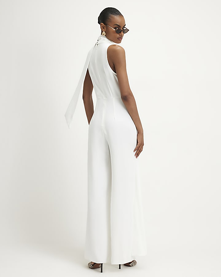 White Neck Scarf Wide Leg Jumpsuit